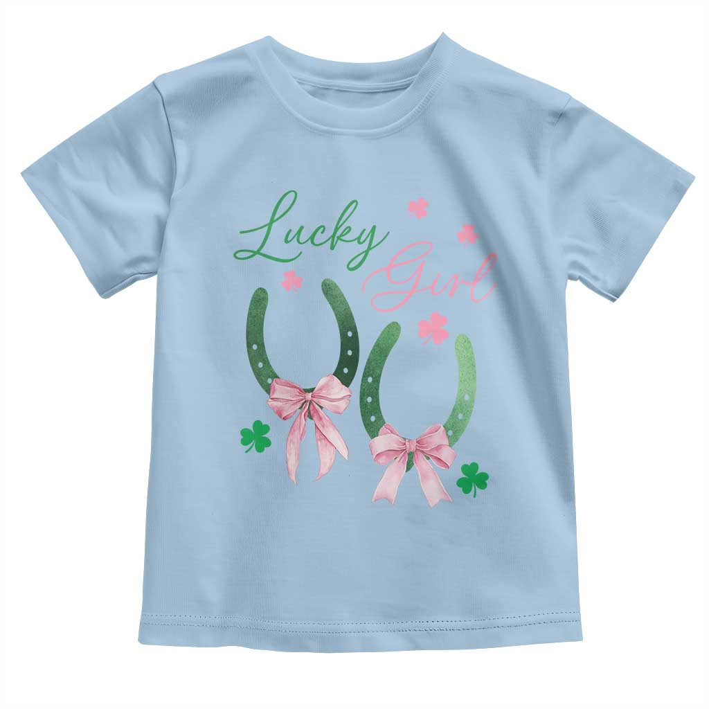 Funny St Patrick's Day Coquette Toddler T Shirt Lucky Girl Horseshoe Pink Bow TS11 Light Blue Print Your Wear