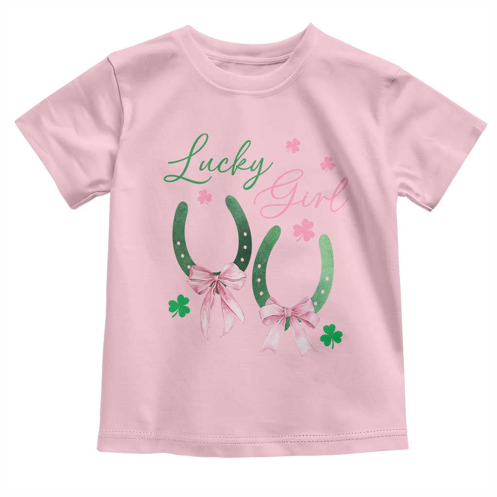 Funny St Patrick's Day Coquette Toddler T Shirt Lucky Girl Horseshoe Pink Bow TS11 Light Pink Print Your Wear