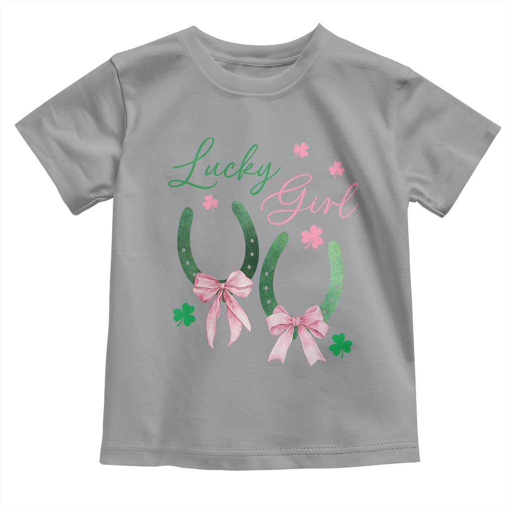 Funny St Patrick's Day Coquette Toddler T Shirt Lucky Girl Horseshoe Pink Bow TS11 Sport Gray Print Your Wear