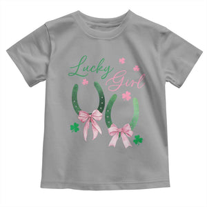 Funny St Patrick's Day Coquette Toddler T Shirt Lucky Girl Horseshoe Pink Bow TS11 Sport Gray Print Your Wear