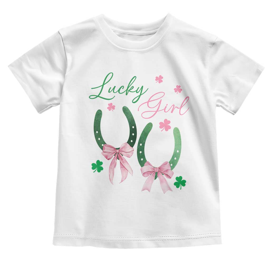 Funny St Patrick's Day Coquette Toddler T Shirt Lucky Girl Horseshoe Pink Bow TS11 White Print Your Wear