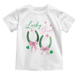 Funny St Patrick's Day Coquette Toddler T Shirt Lucky Girl Horseshoe Pink Bow TS11 White Print Your Wear