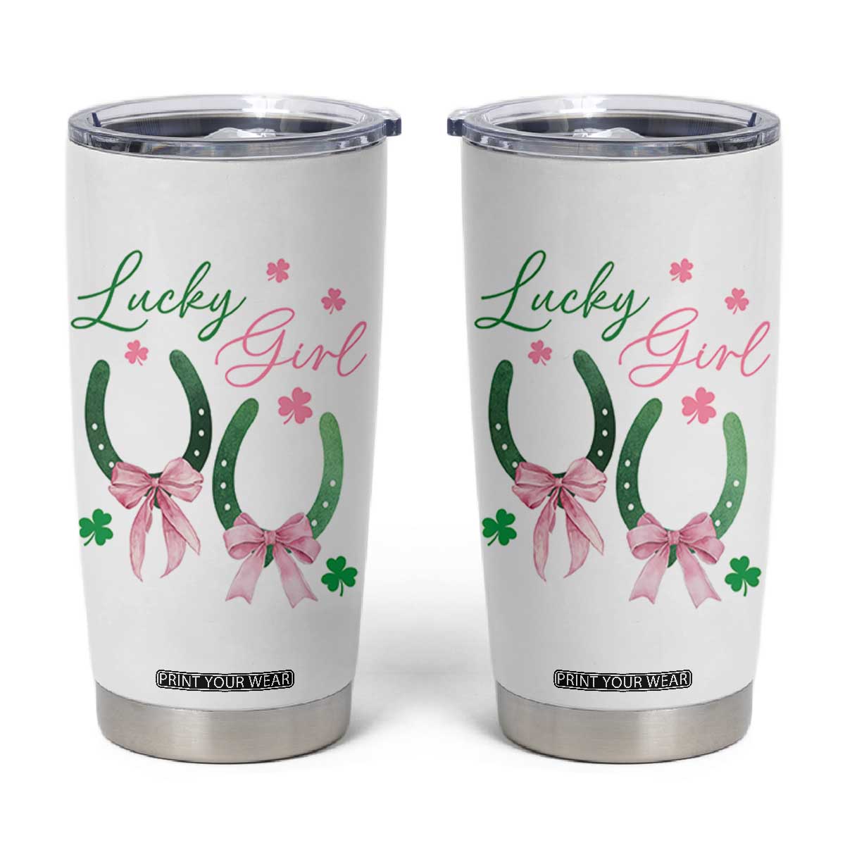 Funny St Patrick's Day Coquette Tumbler Cup Lucky Girl Horseshoe Pink Bow TS11 White Print Your Wear