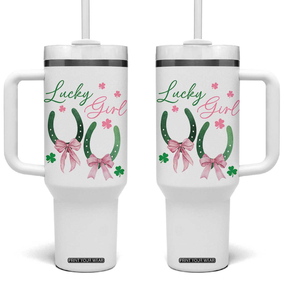 Funny St Patrick's Day Coquette Tumbler With Handle Lucky Girl Horseshoe Pink Bow TS11 One Size: 40 oz White Print Your Wear