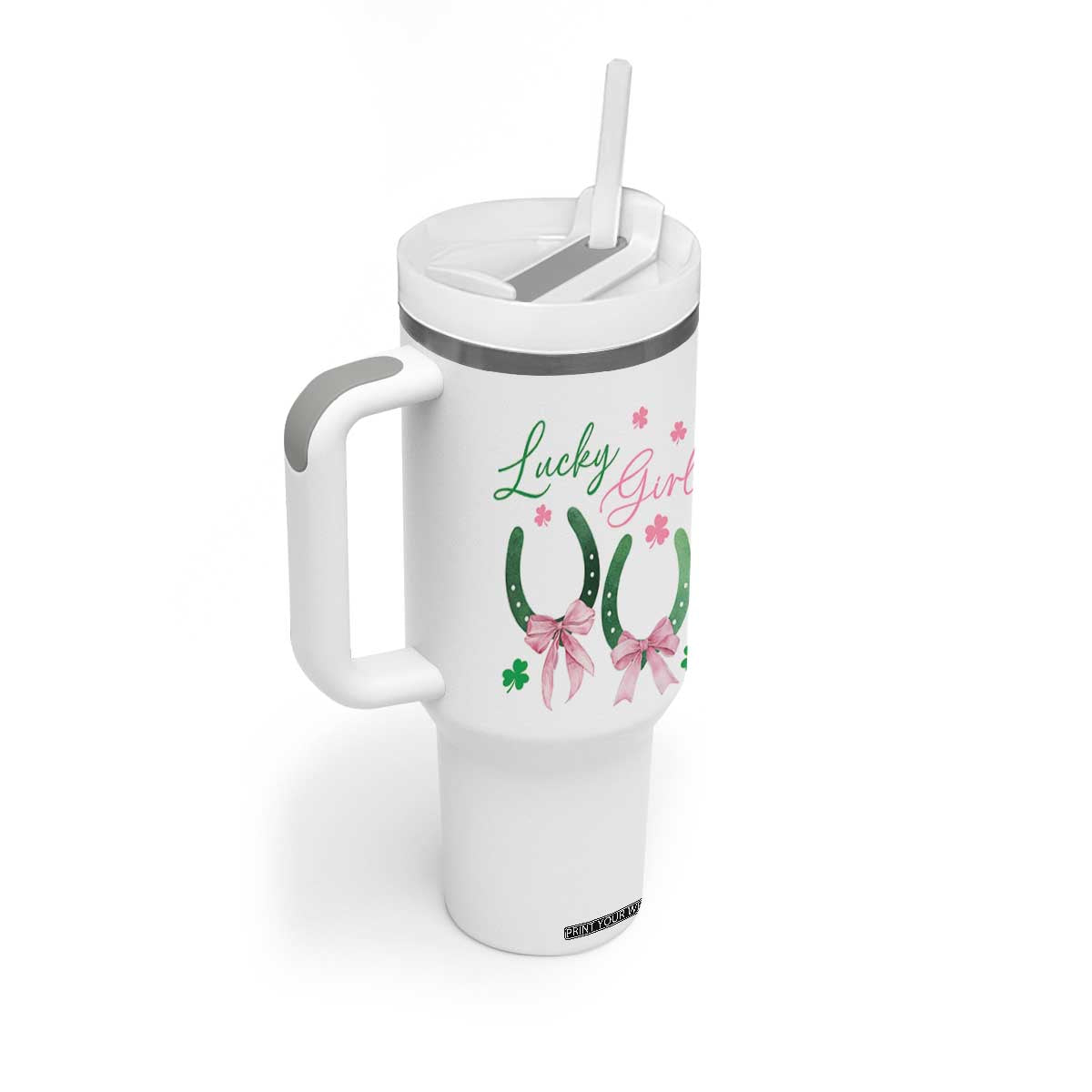 Funny St Patrick's Day Coquette Tumbler With Handle Lucky Girl Horseshoe Pink Bow TS11 Print Your Wear