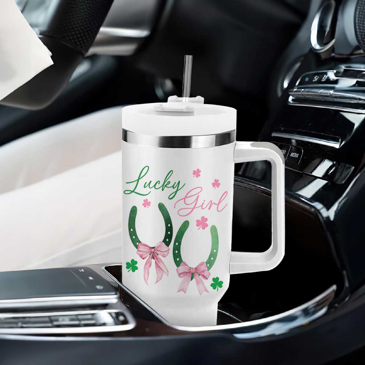 Funny St Patrick's Day Coquette Tumbler With Handle Lucky Girl Horseshoe Pink Bow TS11 Print Your Wear