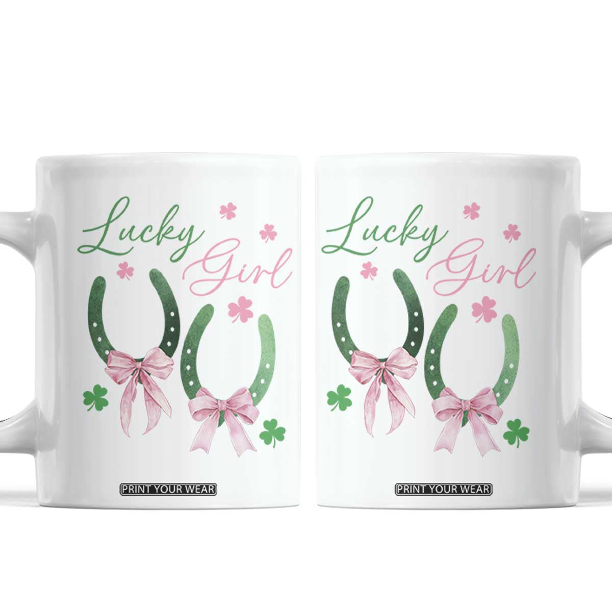 Funny St Patrick's Day Coquette Coffee Mug Lucky Girl Horseshoe Pink Bow TS11 White Print Your Wear