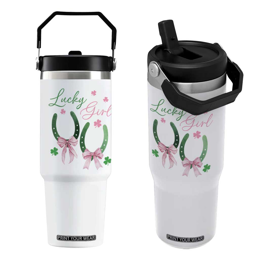 Funny St Patrick's Day Coquette Flip Straw Tumbler Lucky Girl Horseshoe Pink Bow TS11 One Size: 30 oz White Print Your Wear