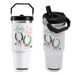 Funny St Patrick's Day Coquette Flip Straw Tumbler Lucky Girl Horseshoe Pink Bow TS11 One Size: 30 oz White Print Your Wear