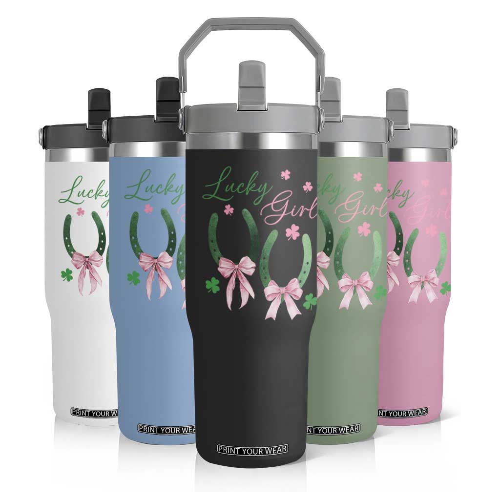 Funny St Patrick's Day Coquette Flip Straw Tumbler Lucky Girl Horseshoe Pink Bow TS11 Print Your Wear