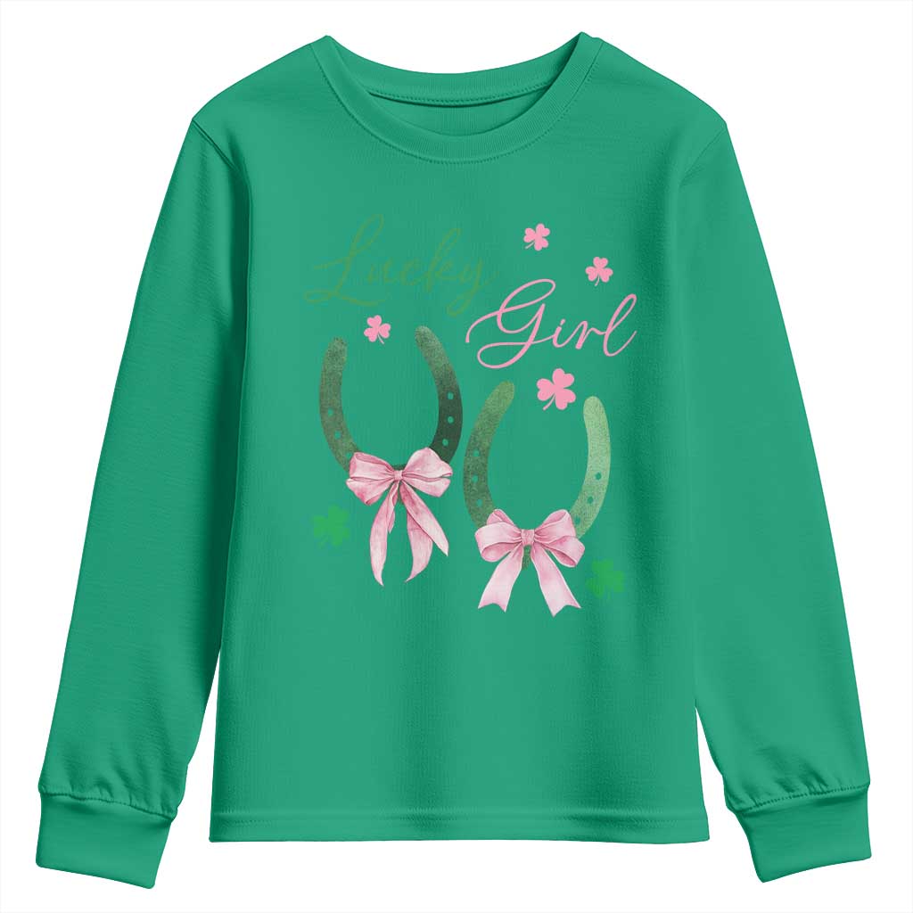 Funny St Patrick's Day Coquette Youth Sweatshirt Lucky Girl Horseshoe Pink Bow TS11 Irish Green Print Your Wear