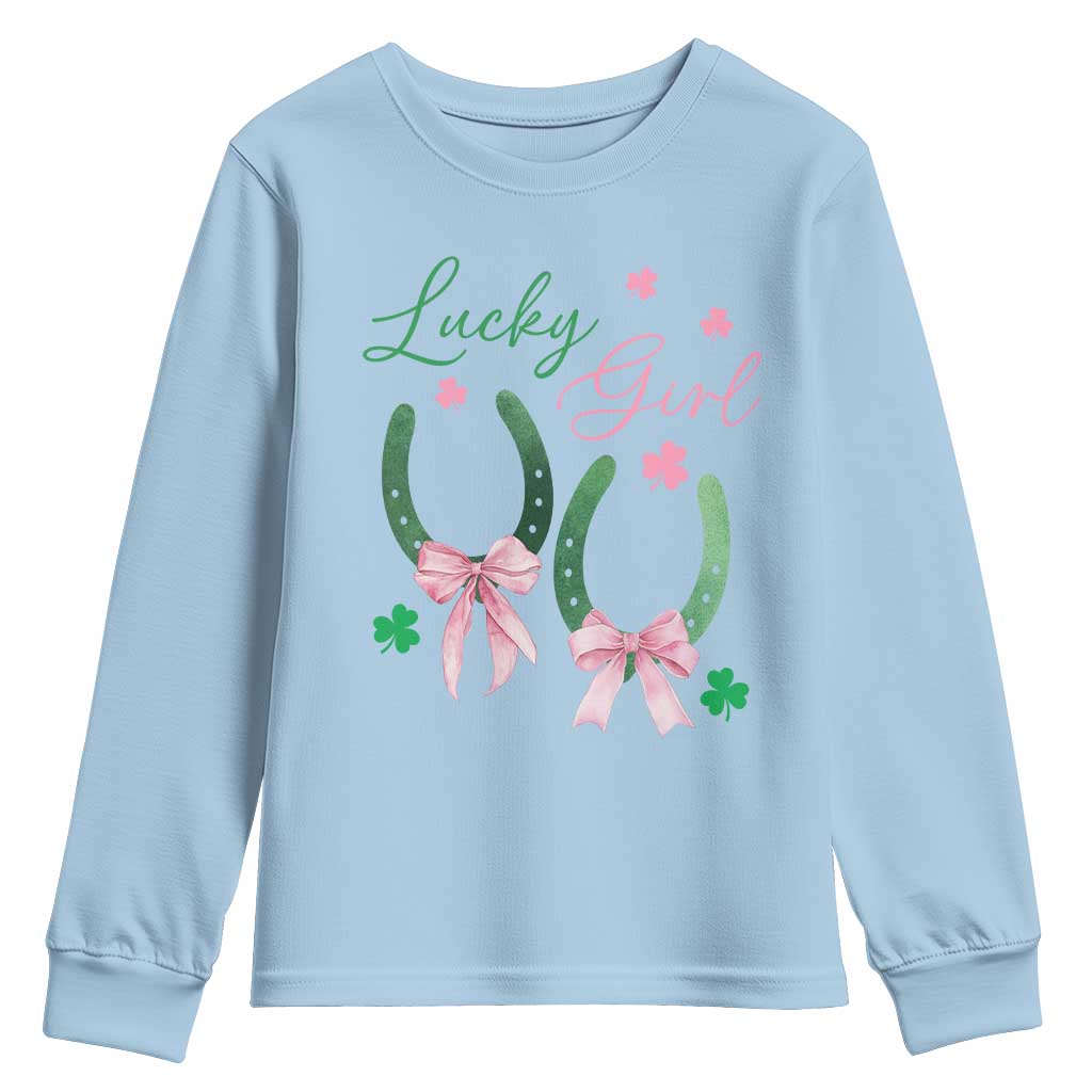 Funny St Patrick's Day Coquette Youth Sweatshirt Lucky Girl Horseshoe Pink Bow TS11 Light Blue Print Your Wear
