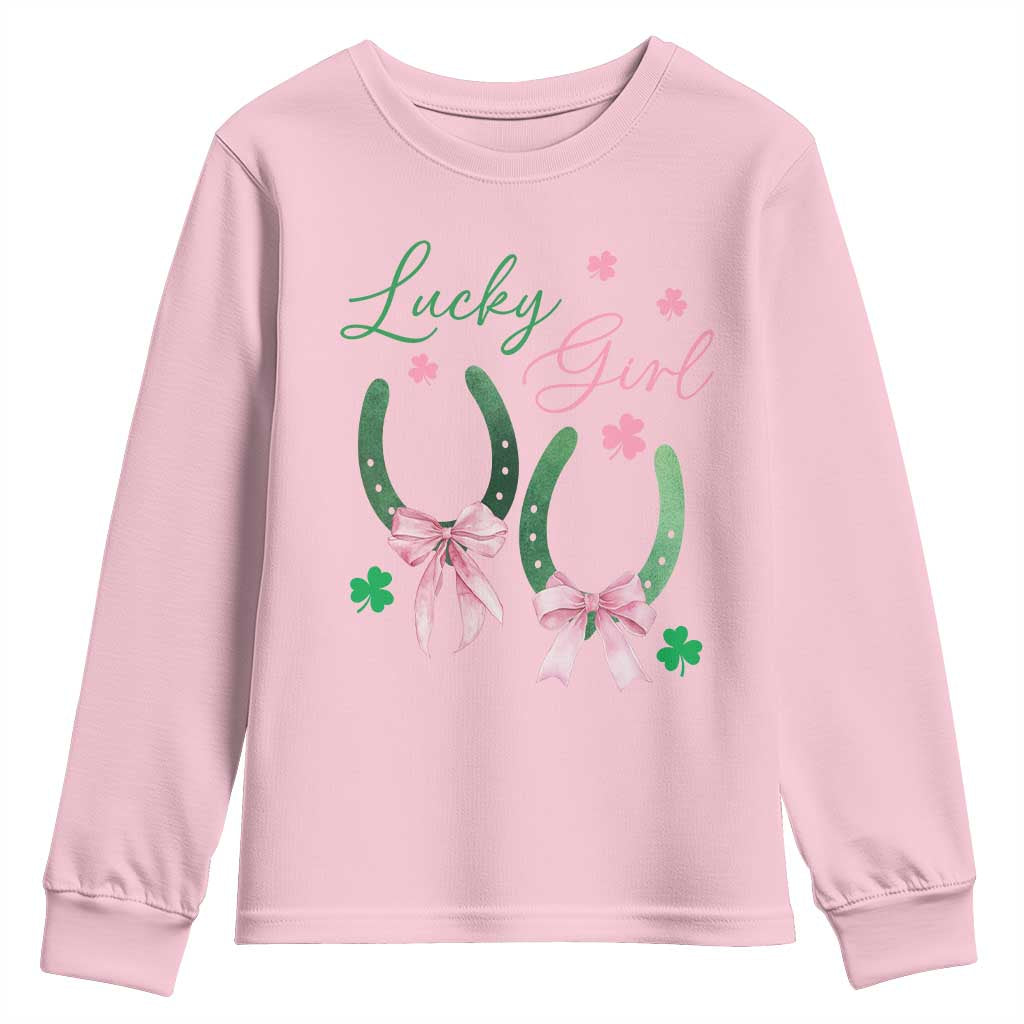 Funny St Patrick's Day Coquette Youth Sweatshirt Lucky Girl Horseshoe Pink Bow TS11 Light Pink Print Your Wear