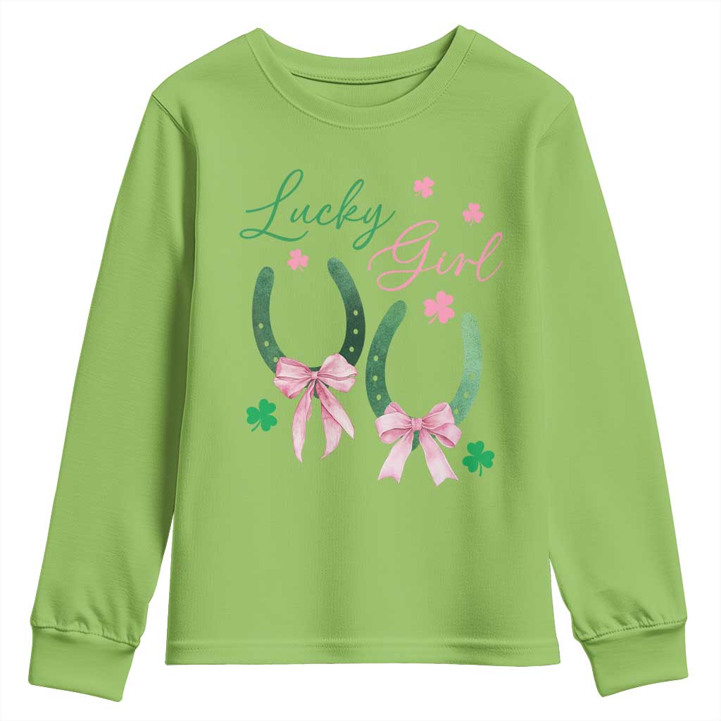 Funny St Patrick's Day Coquette Youth Sweatshirt Lucky Girl Horseshoe Pink Bow TS11 Lime Print Your Wear