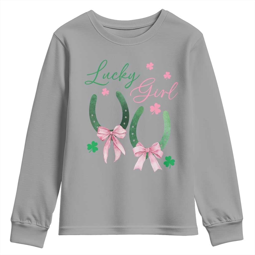 Funny St Patrick's Day Coquette Youth Sweatshirt Lucky Girl Horseshoe Pink Bow TS11 Sport Gray Print Your Wear