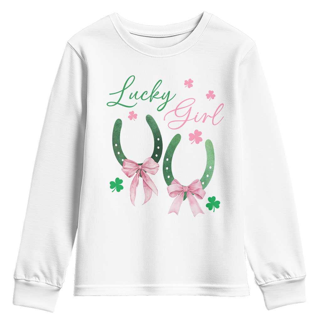 Funny St Patrick's Day Coquette Youth Sweatshirt Lucky Girl Horseshoe Pink Bow TS11 White Print Your Wear