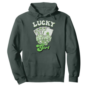 Funny St Patrick's Day Casino Games Hoodie Lucky Girl Shamrock Casino Poker Chips Cards TS11 Dark Forest Green Print Your Wear