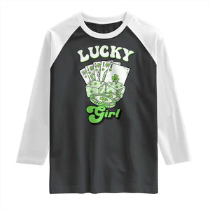 Funny St Patrick's Day Casino Games Raglan Shirt Lucky Girl Shamrock Casino Poker Chips Cards TS11 Black White Print Your Wear