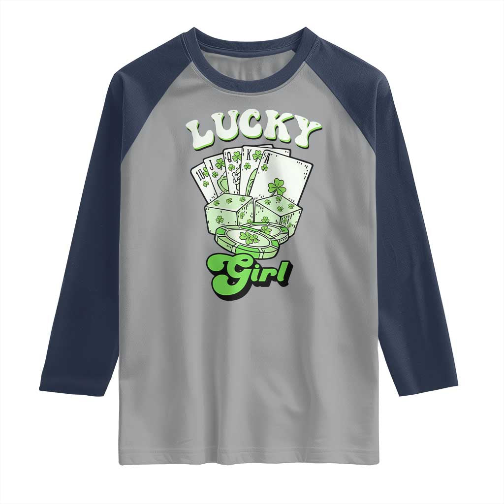 Funny St Patrick's Day Casino Games Raglan Shirt Lucky Girl Shamrock Casino Poker Chips Cards TS11 Sport Gray Navy Print Your Wear