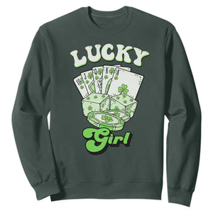 Funny St Patrick's Day Casino Games Sweatshirt Lucky Girl Shamrock Casino Poker Chips Cards TS11 Dark Forest Green Print Your Wear