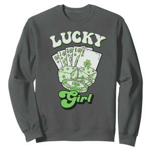 Funny St Patrick's Day Casino Games Sweatshirt Lucky Girl Shamrock Casino Poker Chips Cards TS11 Dark Heather Print Your Wear