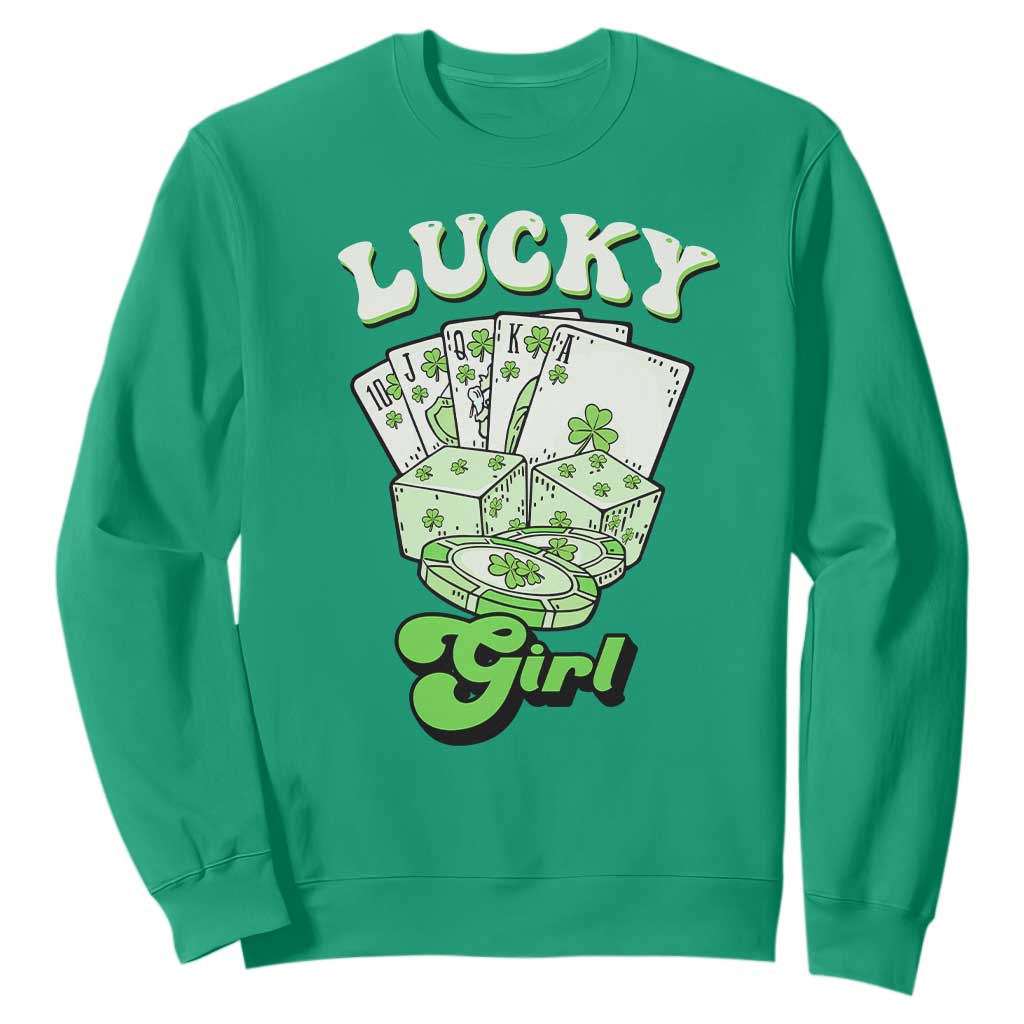 Funny St Patrick's Day Casino Games Sweatshirt Lucky Girl Shamrock Casino Poker Chips Cards TS11 Irish Green Print Your Wear