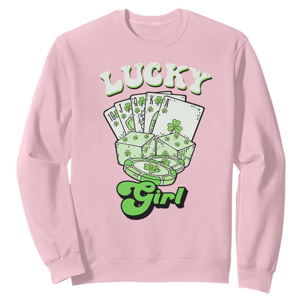 Funny St Patrick's Day Casino Games Sweatshirt Lucky Girl Shamrock Casino Poker Chips Cards TS11 Light Pink Print Your Wear