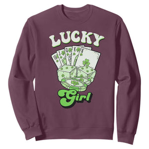 Funny St Patrick's Day Casino Games Sweatshirt Lucky Girl Shamrock Casino Poker Chips Cards TS11 Maroon Print Your Wear
