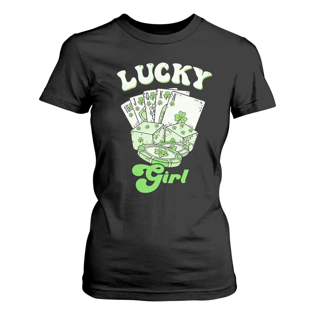 Funny St Patrick's Day Casino Games T Shirt For Women Lucky Girl Shamrock Casino Poker Chips Cards TS11 Black Print Your Wear