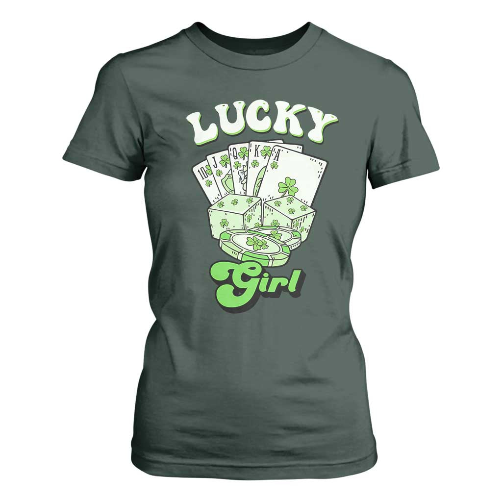 Funny St Patrick's Day Casino Games T Shirt For Women Lucky Girl Shamrock Casino Poker Chips Cards TS11 Dark Forest Green Print Your Wear