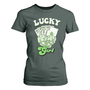 Funny St Patrick's Day Casino Games T Shirt For Women Lucky Girl Shamrock Casino Poker Chips Cards TS11 Dark Forest Green Print Your Wear