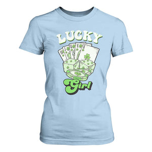 Funny St Patrick's Day Casino Games T Shirt For Women Lucky Girl Shamrock Casino Poker Chips Cards TS11 Light Blue Print Your Wear