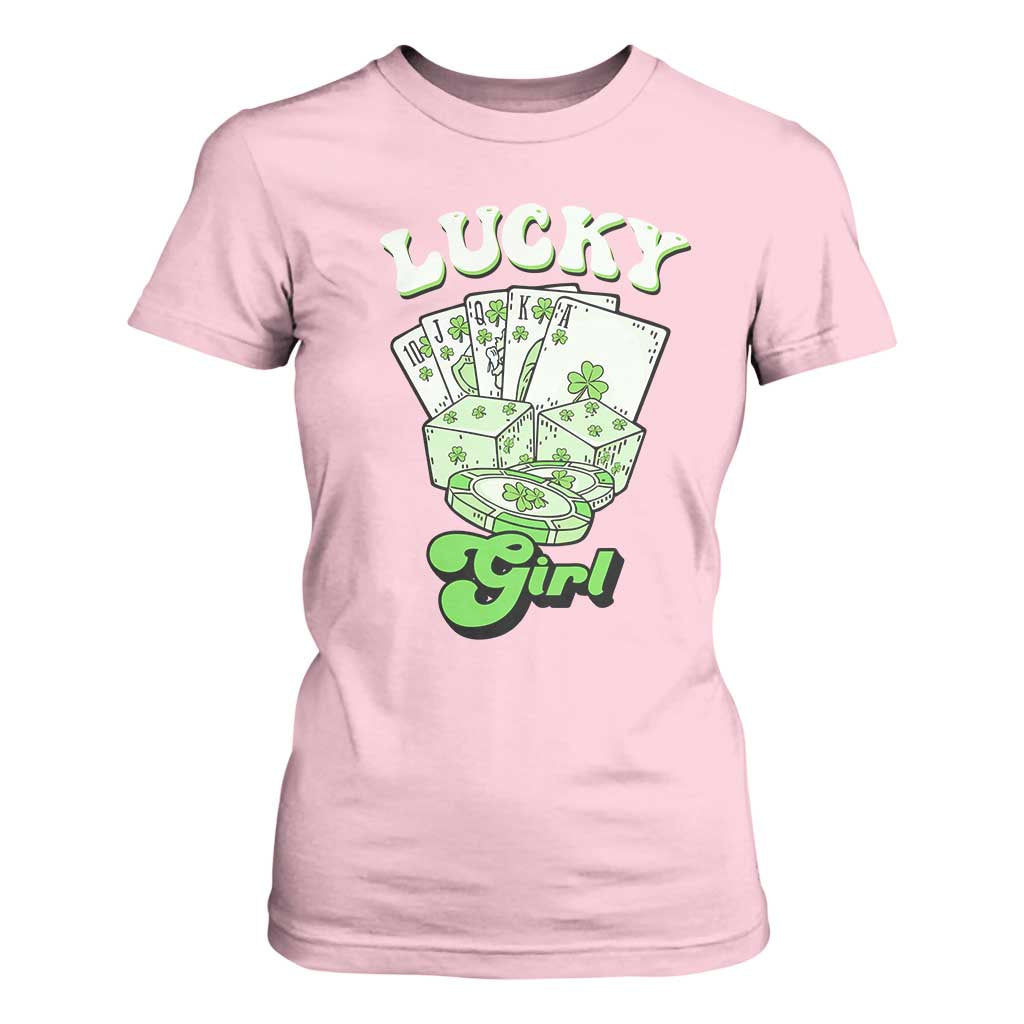 Funny St Patrick's Day Casino Games T Shirt For Women Lucky Girl Shamrock Casino Poker Chips Cards TS11 Light Pink Print Your Wear
