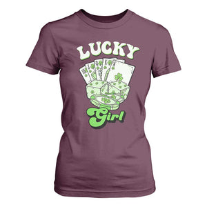 Funny St Patrick's Day Casino Games T Shirt For Women Lucky Girl Shamrock Casino Poker Chips Cards TS11 Maroon Print Your Wear