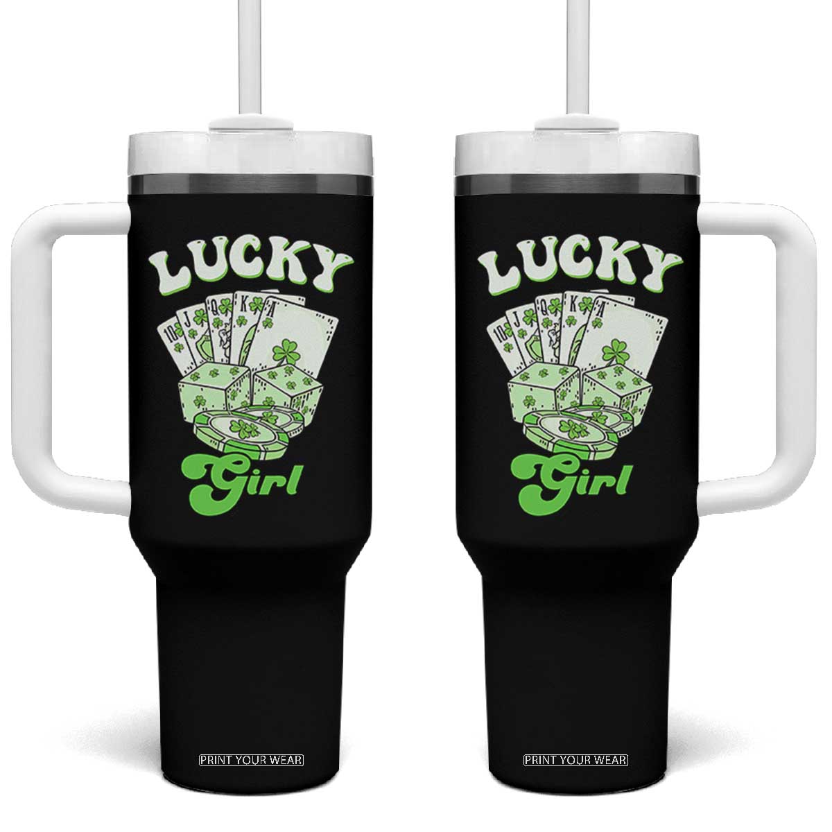 Funny St Patrick's Day Casino Games Tumbler With Handle Lucky Girl Shamrock Casino Poker Chips Cards TS11 One Size: 40 oz Black Print Your Wear