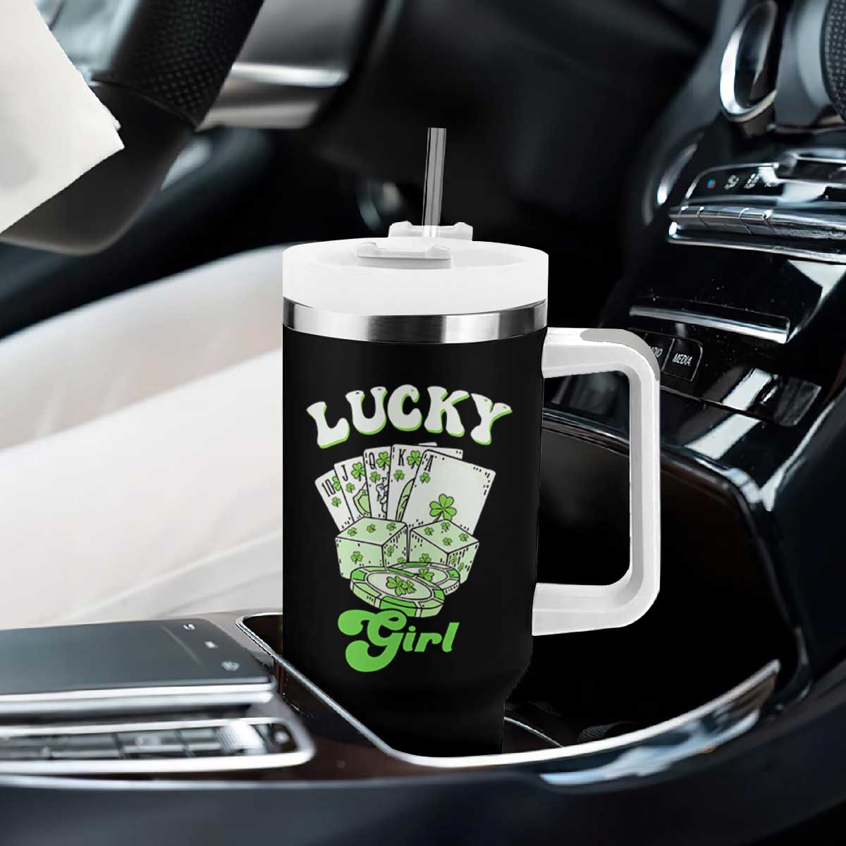 Funny St Patrick's Day Casino Games Tumbler With Handle Lucky Girl Shamrock Casino Poker Chips Cards TS11 Print Your Wear
