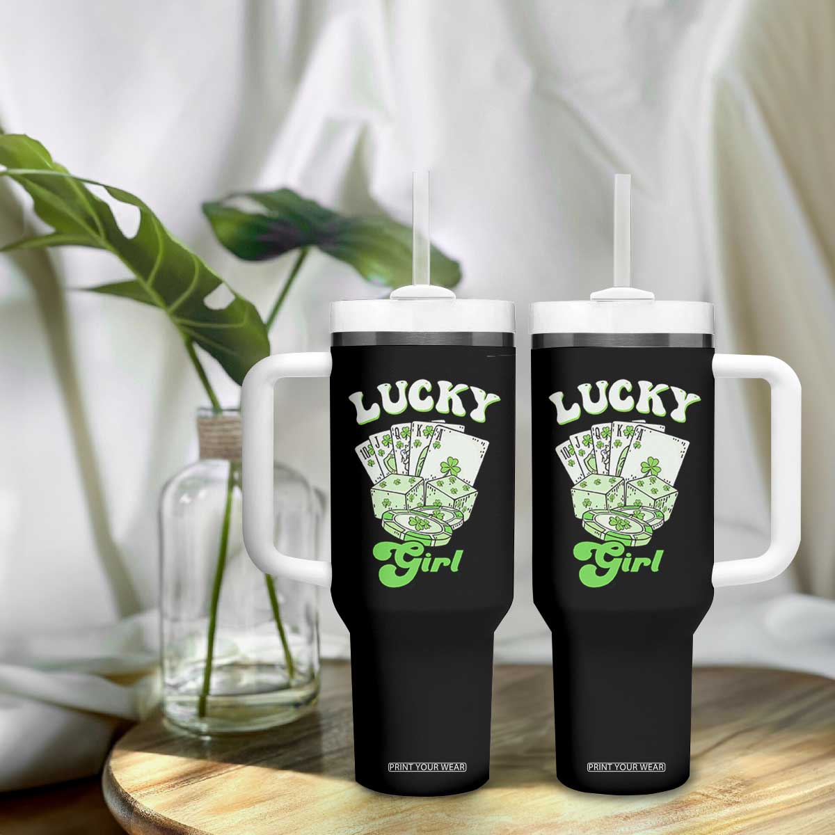 Funny St Patrick's Day Casino Games Tumbler With Handle Lucky Girl Shamrock Casino Poker Chips Cards TS11 Print Your Wear