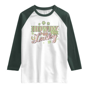 Funny St Patrick's Day Cowboy Cowgirl Raglan Shirt Howdy Go Lucky Shamrock TS11 White Dark Forest Green Print Your Wear