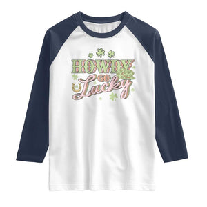 Funny St Patrick's Day Cowboy Cowgirl Raglan Shirt Howdy Go Lucky Shamrock TS11 White Navy Print Your Wear