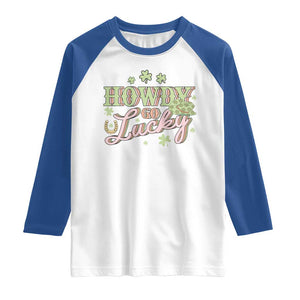 Funny St Patrick's Day Cowboy Cowgirl Raglan Shirt Howdy Go Lucky Shamrock TS11 White Royal Print Your Wear