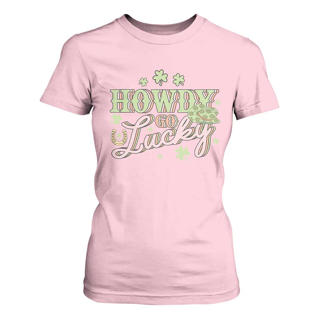 Funny St Patrick's Day Cowboy Cowgirl T Shirt For Women Howdy Go Lucky Shamrock TS11 Light Pink Print Your Wear
