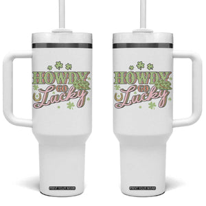 Funny St Patrick's Day Cowboy Cowgirl Tumbler With Handle Howdy Go Lucky Shamrock TS11 One Size: 40 oz White Print Your Wear