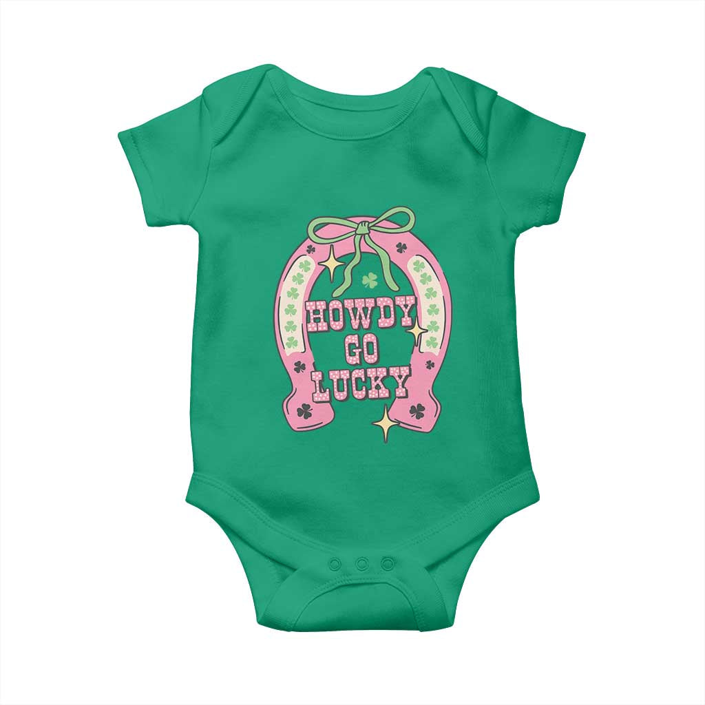 Funny St Patrick's Day Cowgirl Coquette Baby Onesie Howdy Go Lucky Pink Horseshoe TS11 Irish Green Print Your Wear