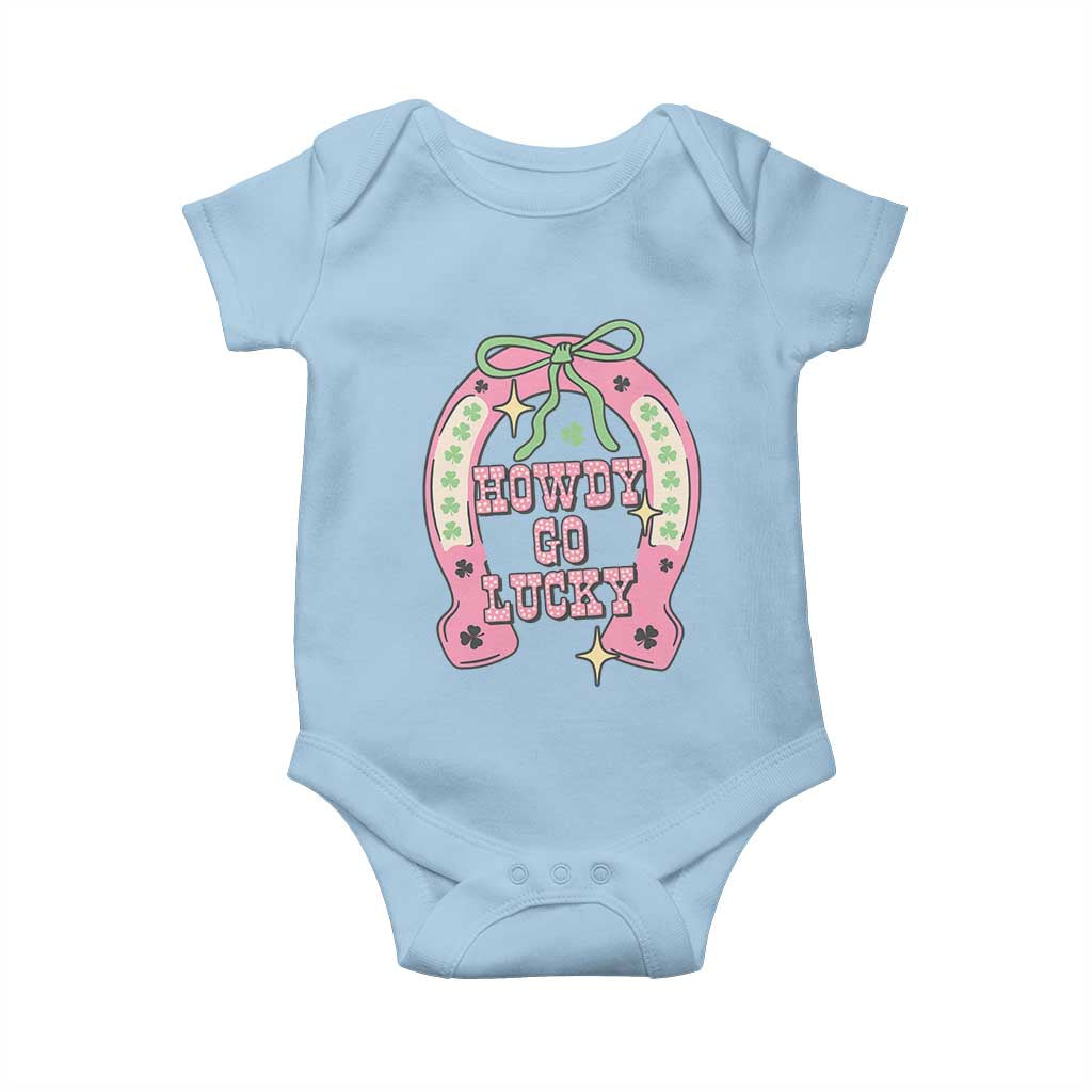 Funny St Patrick's Day Cowgirl Coquette Baby Onesie Howdy Go Lucky Pink Horseshoe TS11 Light Blue Print Your Wear
