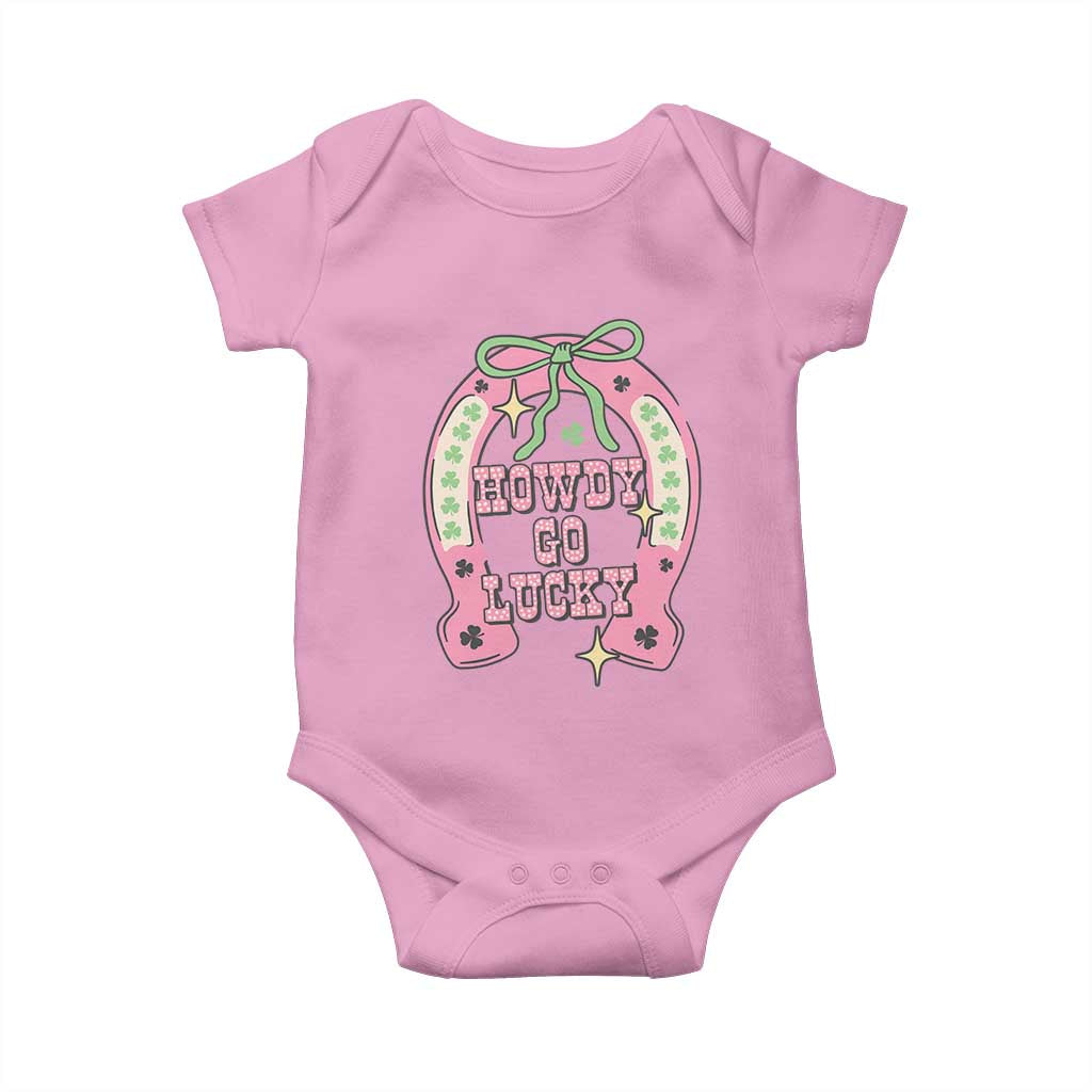 Funny St Patrick's Day Cowgirl Coquette Baby Onesie Howdy Go Lucky Pink Horseshoe TS11 Light Pink Print Your Wear