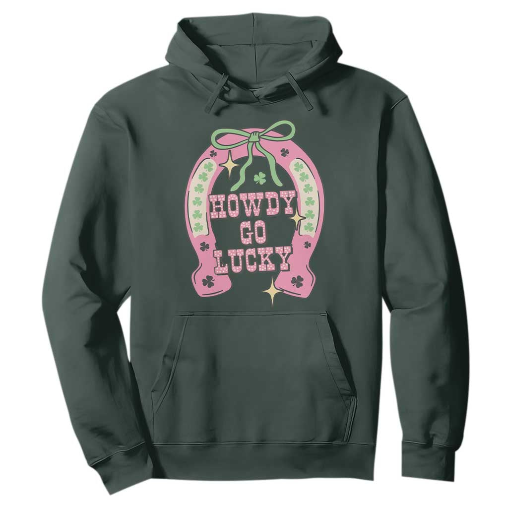 Funny St Patrick's Day Cowgirl Coquette Hoodie Howdy Go Lucky Pink Horseshoe TS11 Dark Forest Green Print Your Wear
