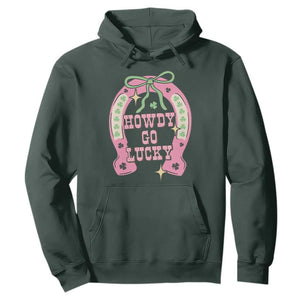 Funny St Patrick's Day Cowgirl Coquette Hoodie Howdy Go Lucky Pink Horseshoe TS11 Dark Forest Green Print Your Wear