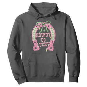 Funny St Patrick's Day Cowgirl Coquette Hoodie Howdy Go Lucky Pink Horseshoe TS11 Dark Heather Print Your Wear