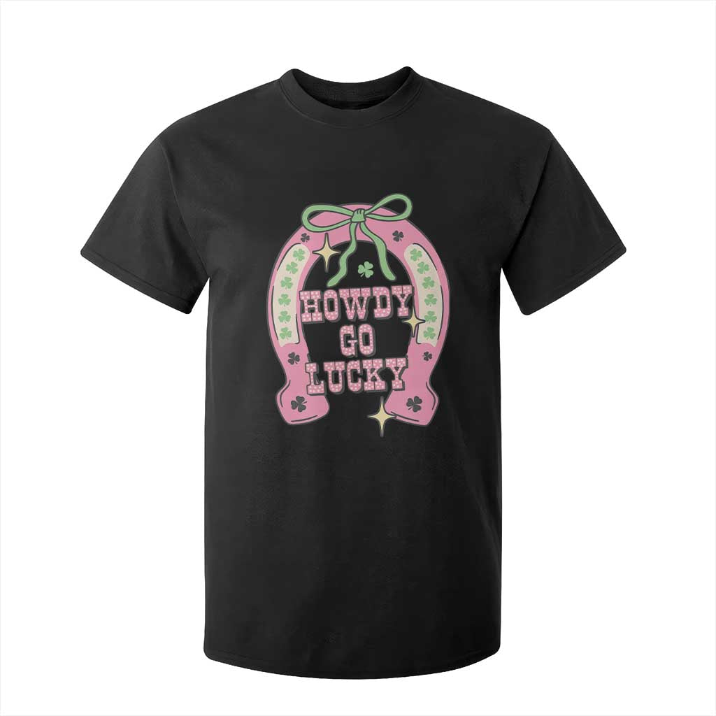 Funny St Patrick's Day Cowgirl Coquette T Shirt For Kid Howdy Go Lucky Pink Horseshoe TS11 Black Print Your Wear