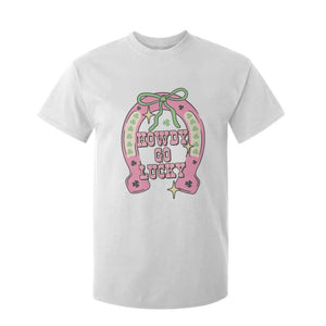 Funny St Patrick's Day Cowgirl Coquette T Shirt For Kid Howdy Go Lucky Pink Horseshoe TS11 White Print Your Wear
